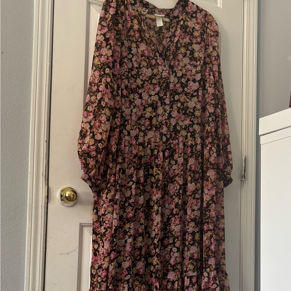 H&M Red and Pink Long Sleeve Sundress with Bishop Sleeves